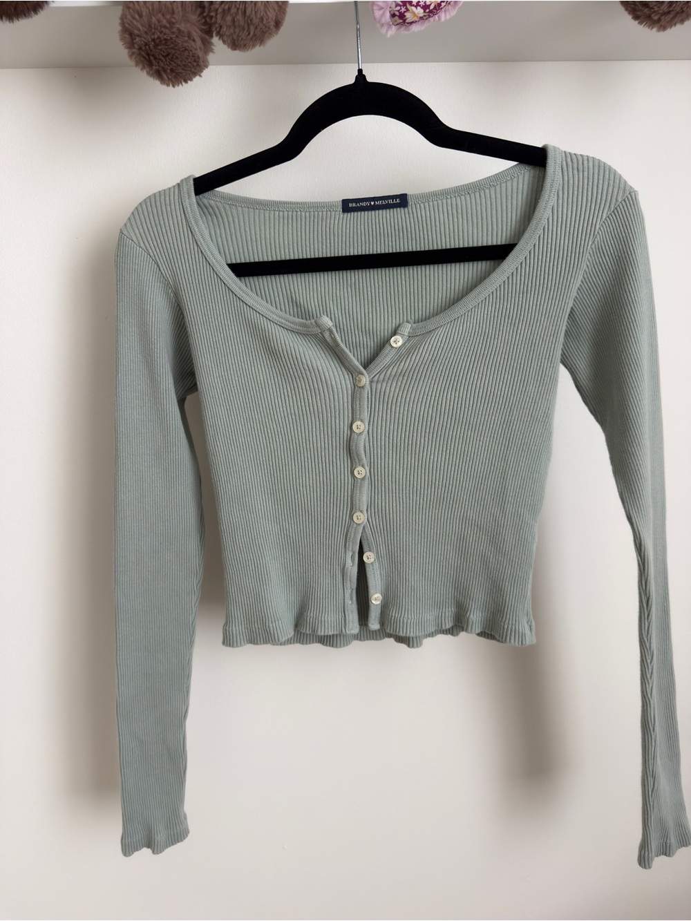 Brandy Melville Sage Ribbed Button-Front Long Sleeve Top